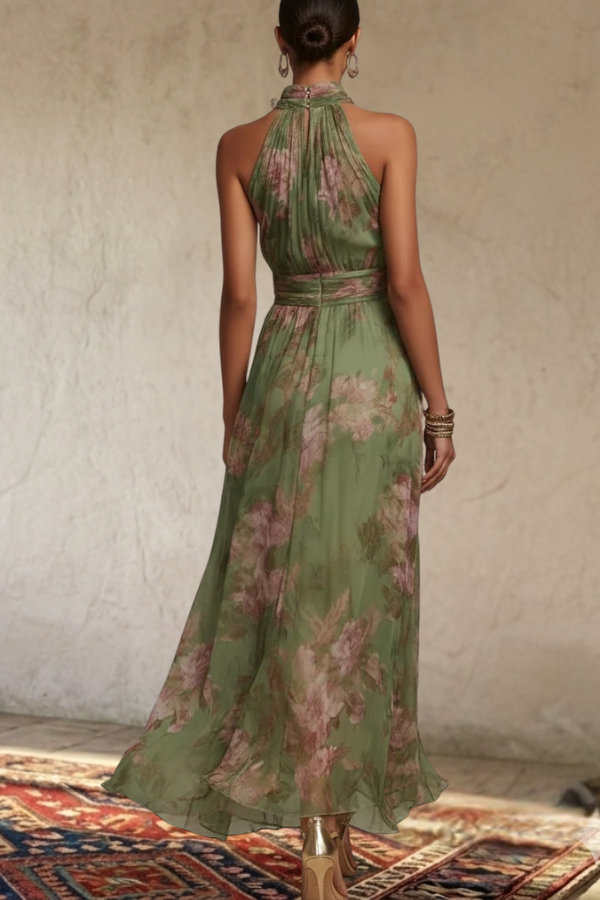 Floral Halter Neck Chiffon Maxi Dress