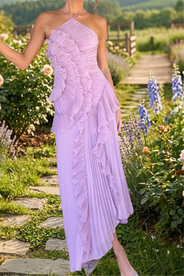Pleated Ruffle Halter High Slit Dress