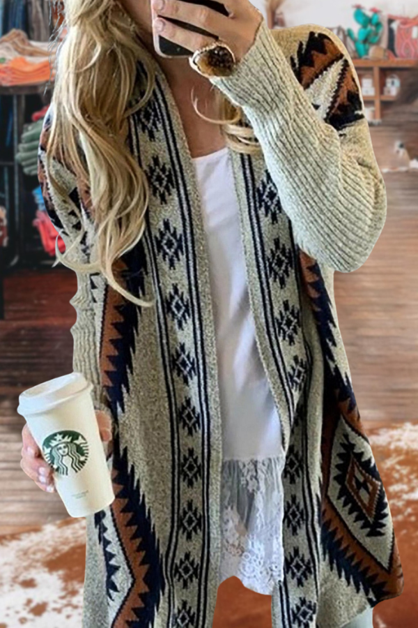 Western Aztec Cowichan Print Cardigan Sweater