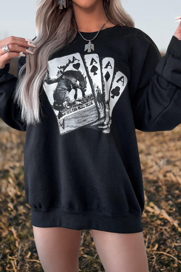 Rodeo Aces Card Cowboy Print Sweatshirt