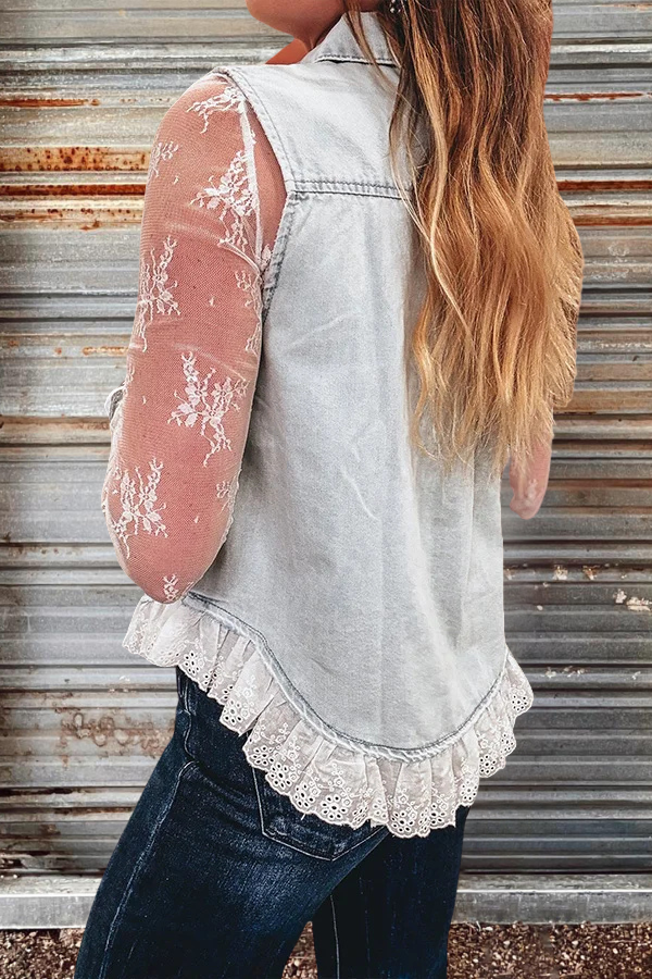 Vintage Washed Lace Trim Denim Vest