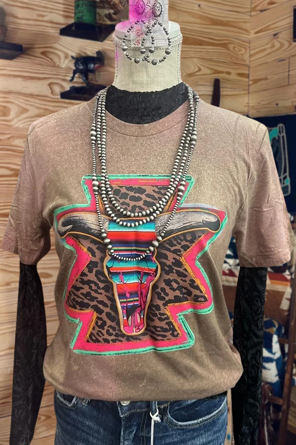 Western Leopard Print Bull Head T-Shirt