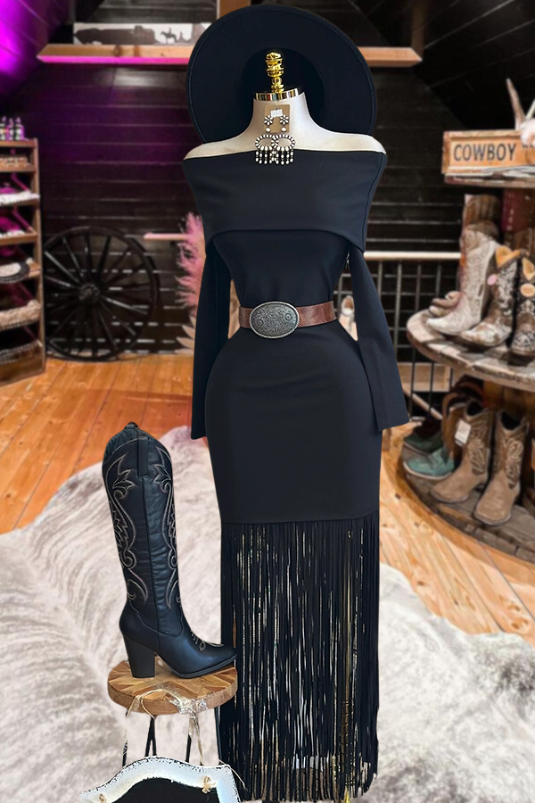 Off Shoulder Fringe Maxi Dress