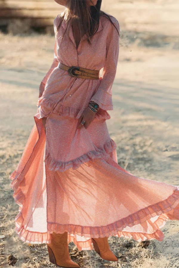 Romantic Flower Print Ruffle Maxi Dress