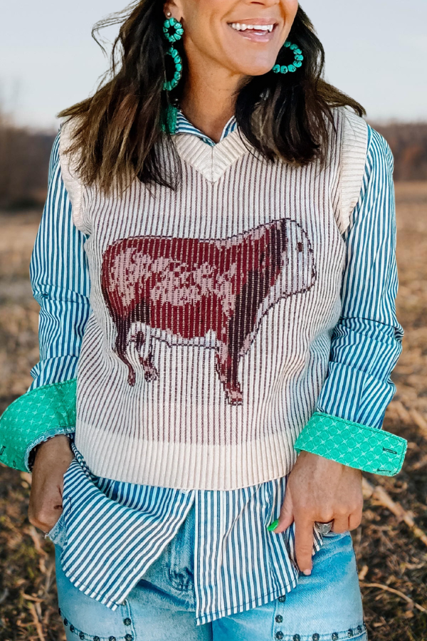 Cattle Graphic V Neck Knit Vest