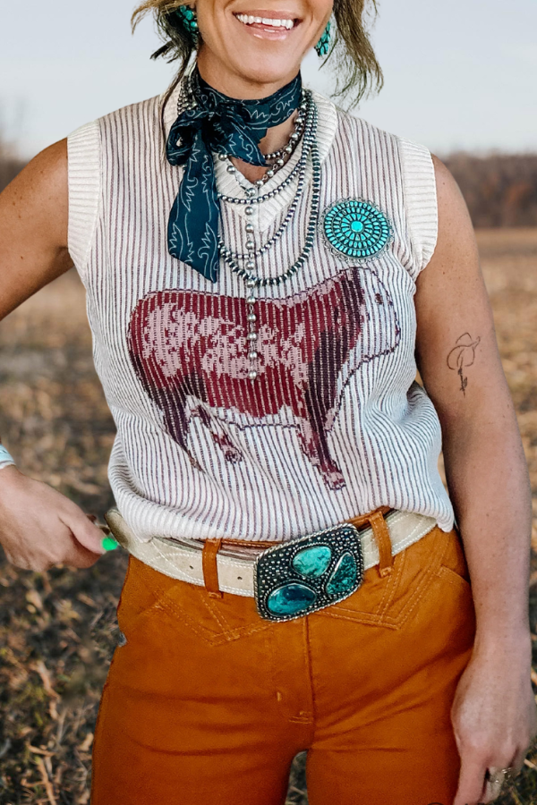 Cattle Graphic V Neck Knit Vest