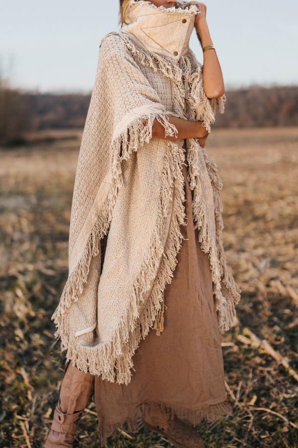 Fringed Textured High Collar Poncho