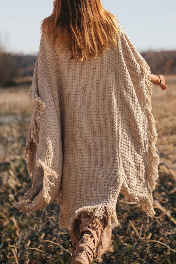 Fringed Textured High Collar Poncho