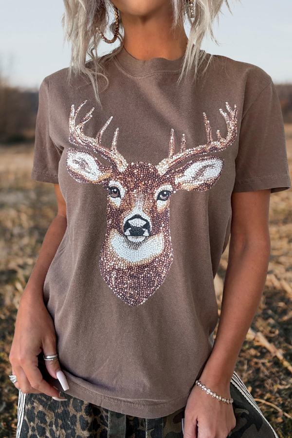 Cotton Deer Head Embellished T Shirt