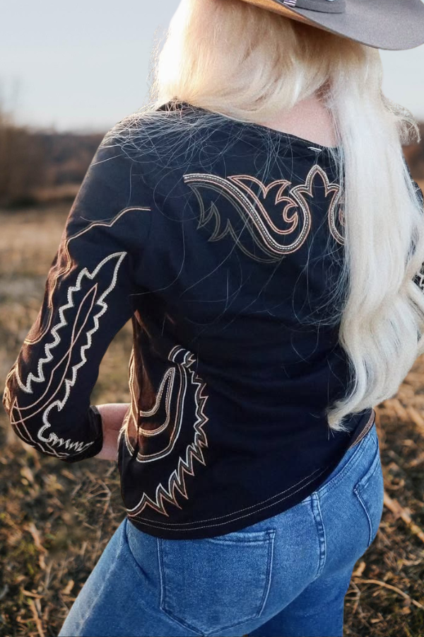 Western Inspired Embroidered Black Top