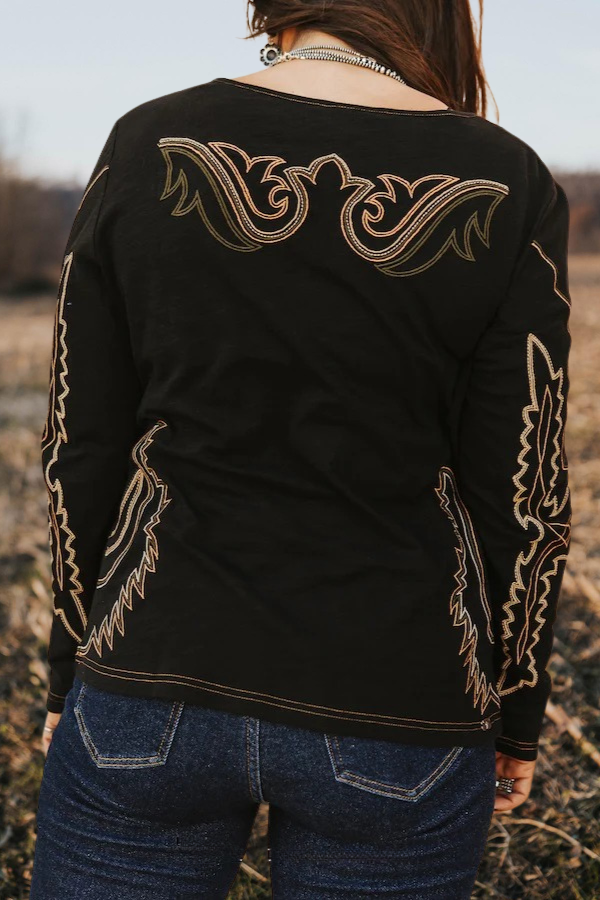 Western Inspired Embroidered Black Top