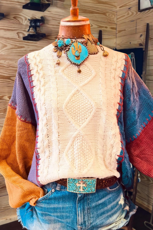Bohemian Patchwork Cable Knit Sweater