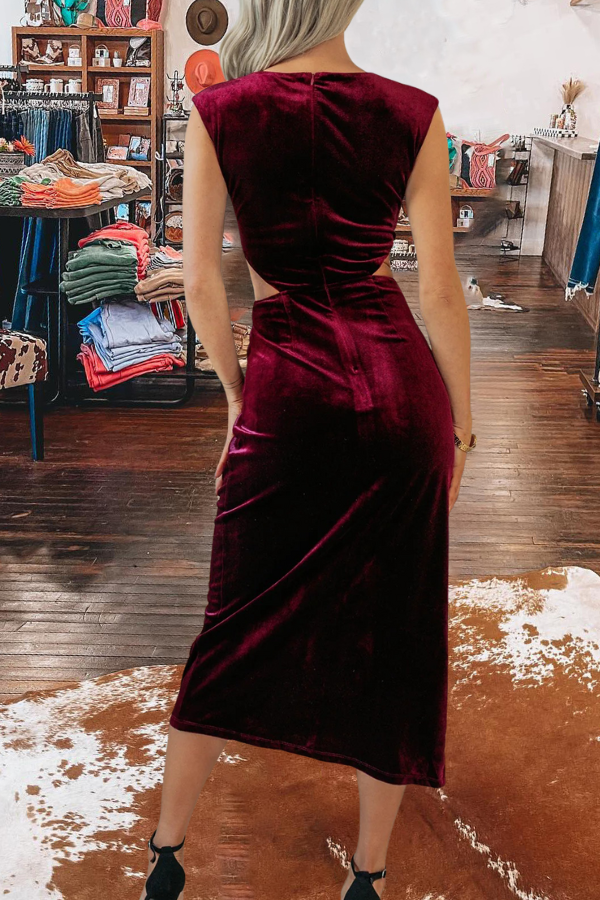 Burgundy Velvet Cut Out Midi Dress