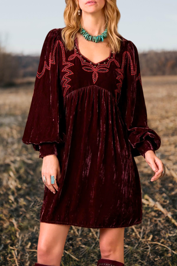 Embellished Velvet Puff Sleeve Dress