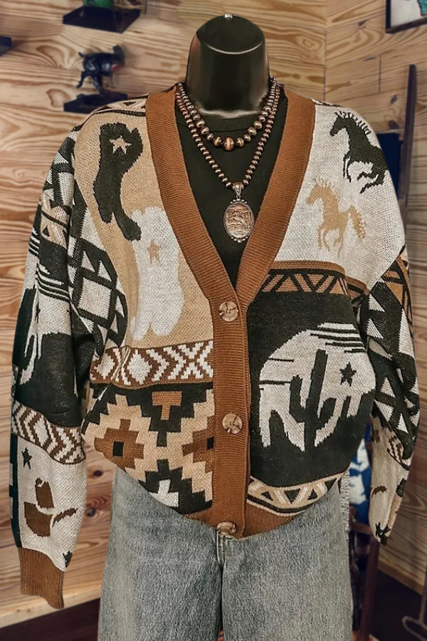 Western Print V-Neck Cardigan