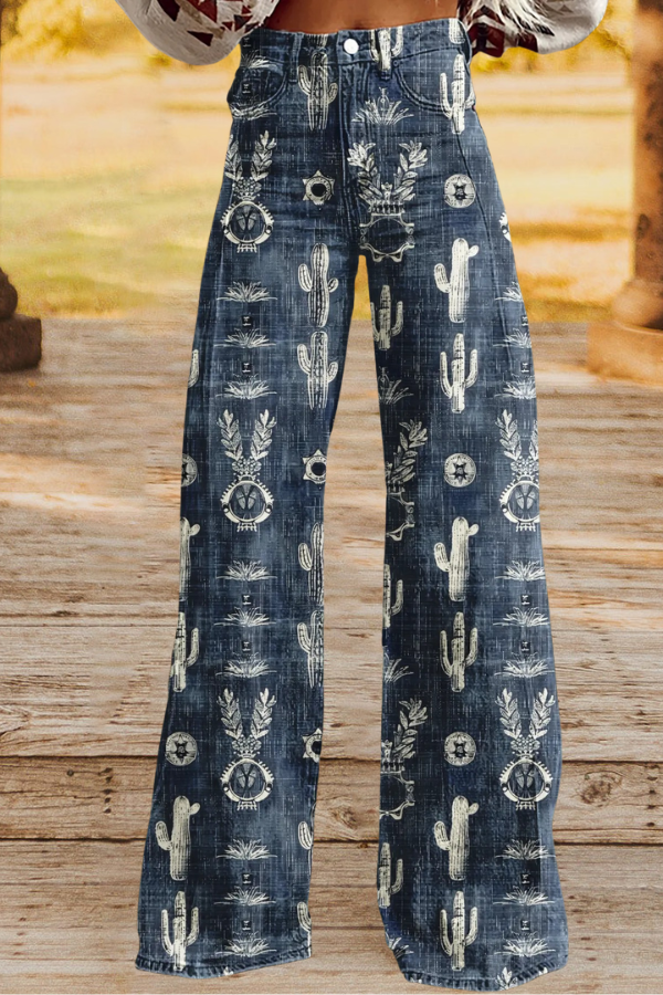 Western Cactus Print Wide-Leg Pants