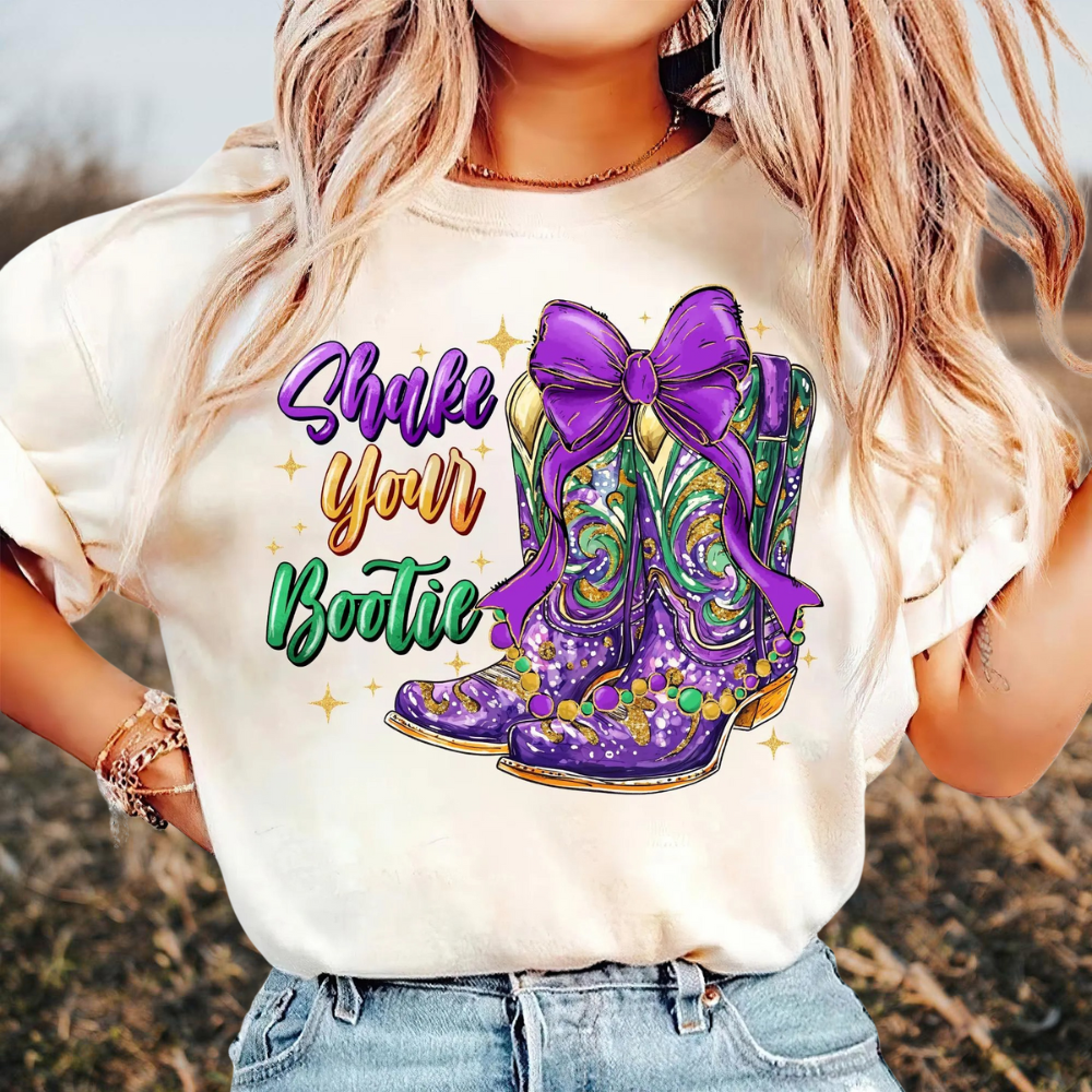 Mardi Gras "Shake Your Bootie" Cowboy Boot Tee