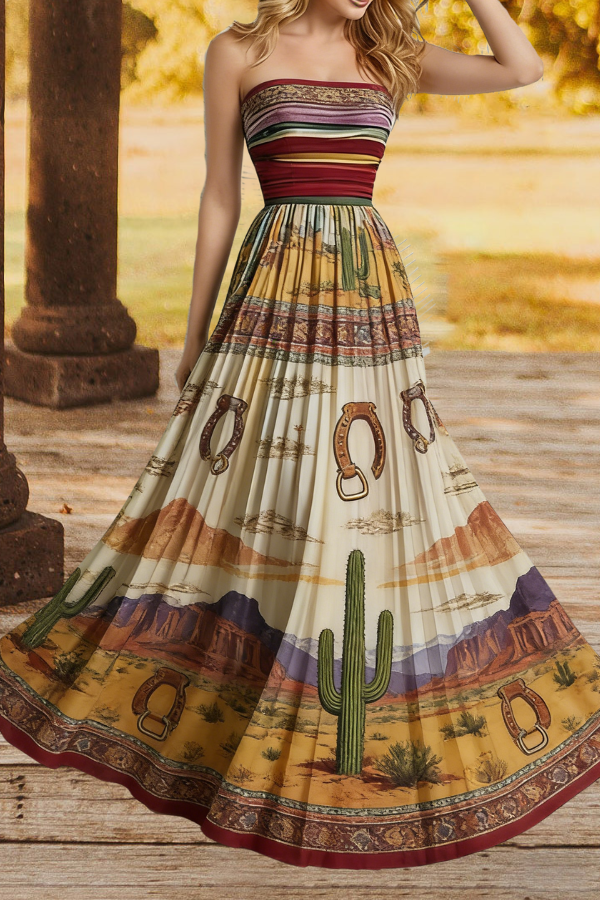 Western Desert Print Strapless Maxi Dress