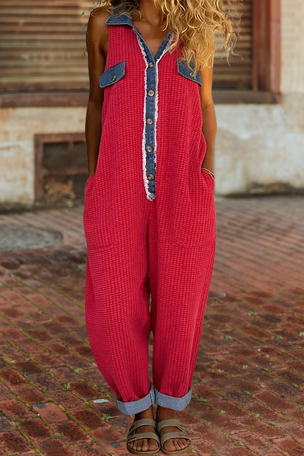 Denim Patchwork Waffle Knit Jumpsuit