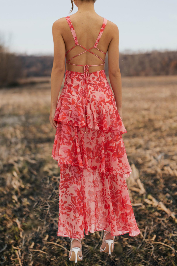 Floral Strappy Back Ruffle Midi Dress