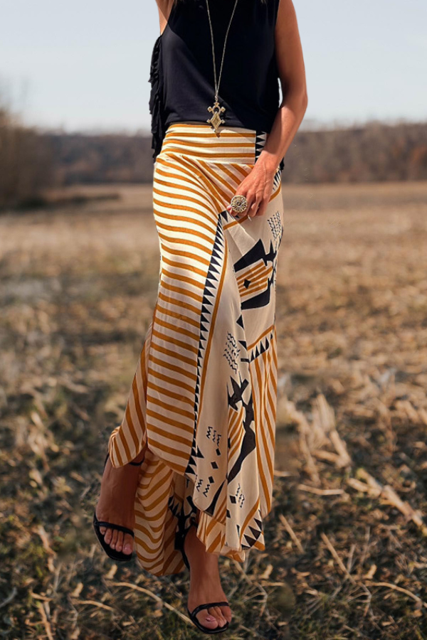 High Waist Stripes Splice Printed Maxi Skirt