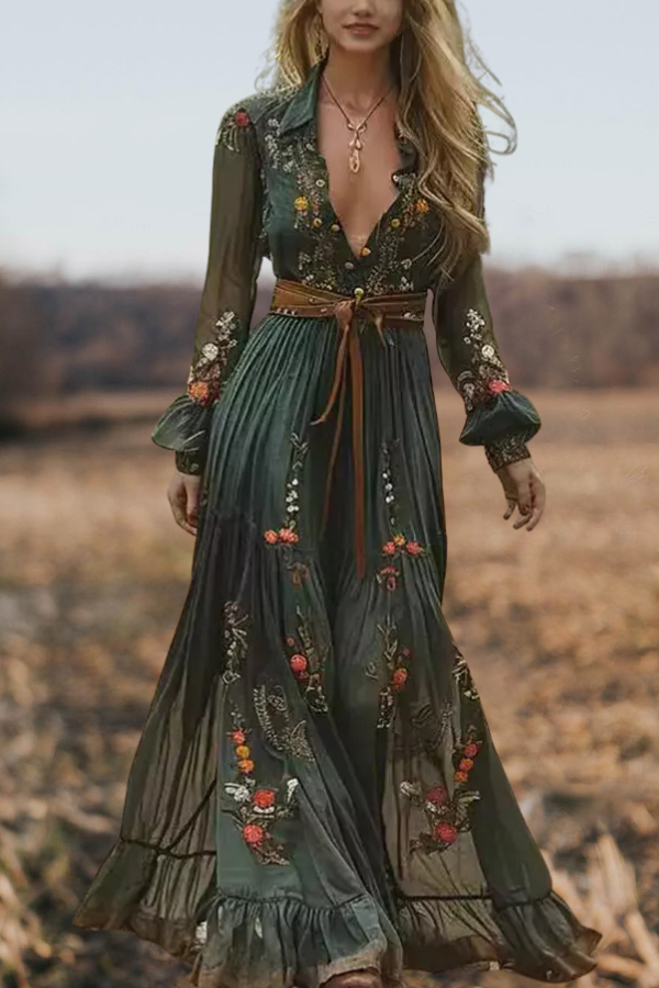 Western Ruffle Chiffon Maxi Dress