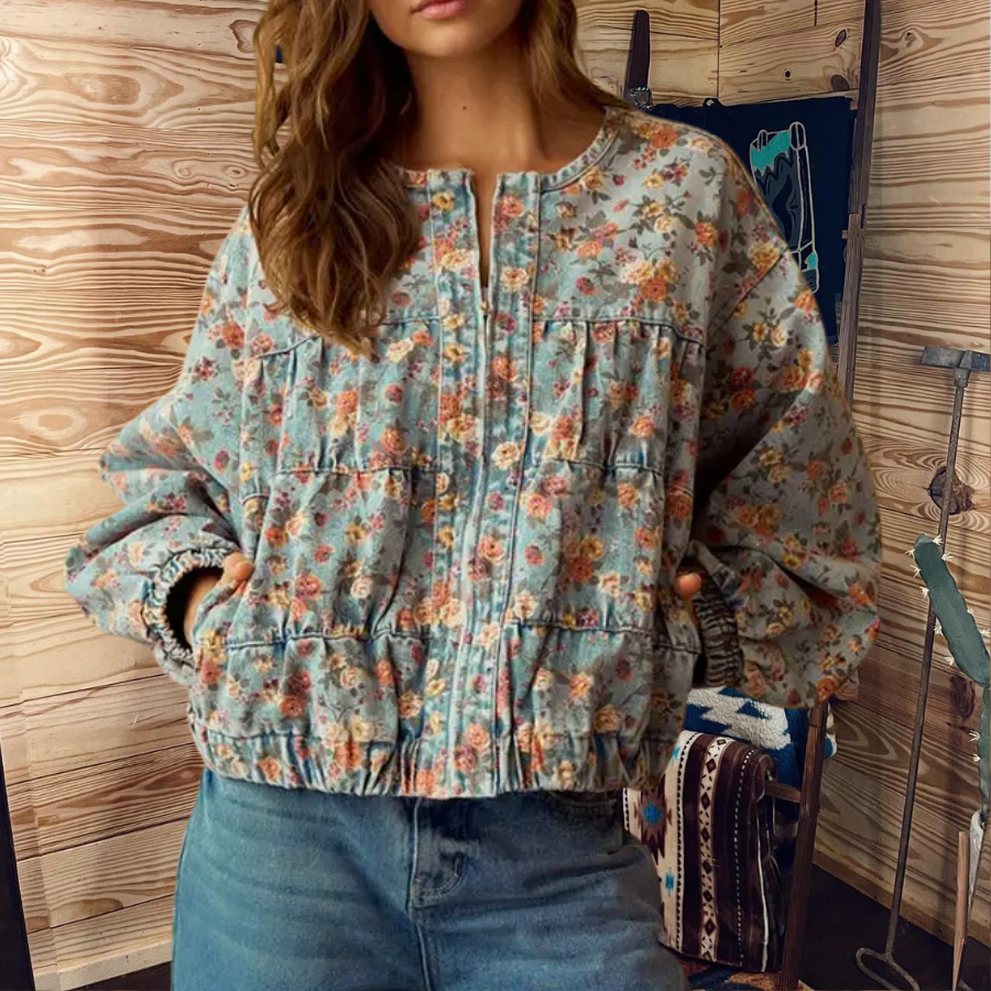 Floral Washed Denim Rose Jacket