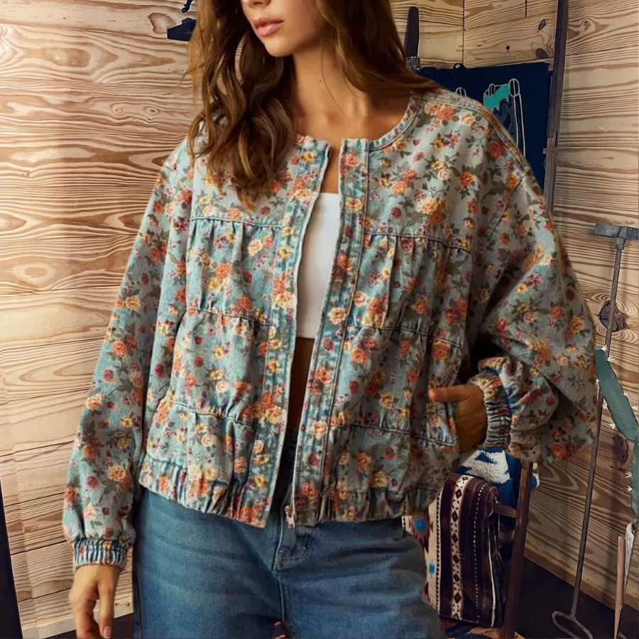 Floral Washed Denim Rose Jacket