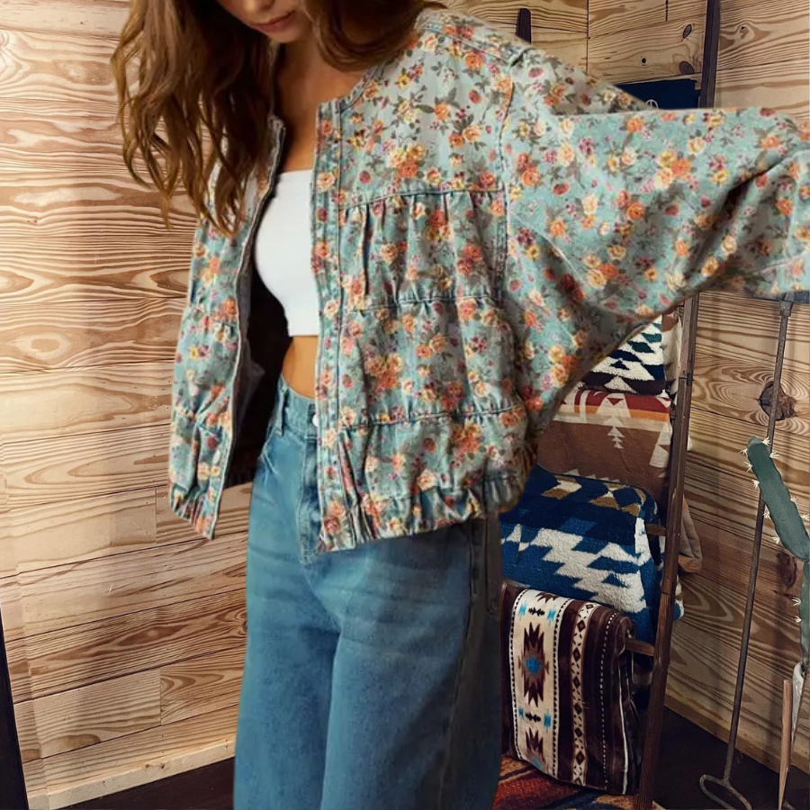 Floral Washed Denim Rose Jacket