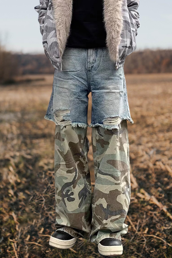 Patchwork Camouflage Washed Ripped Baggy Jeans