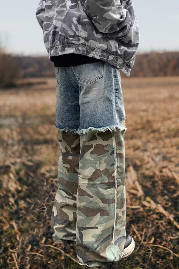 Patchwork Camouflage Washed Ripped Baggy Jeans