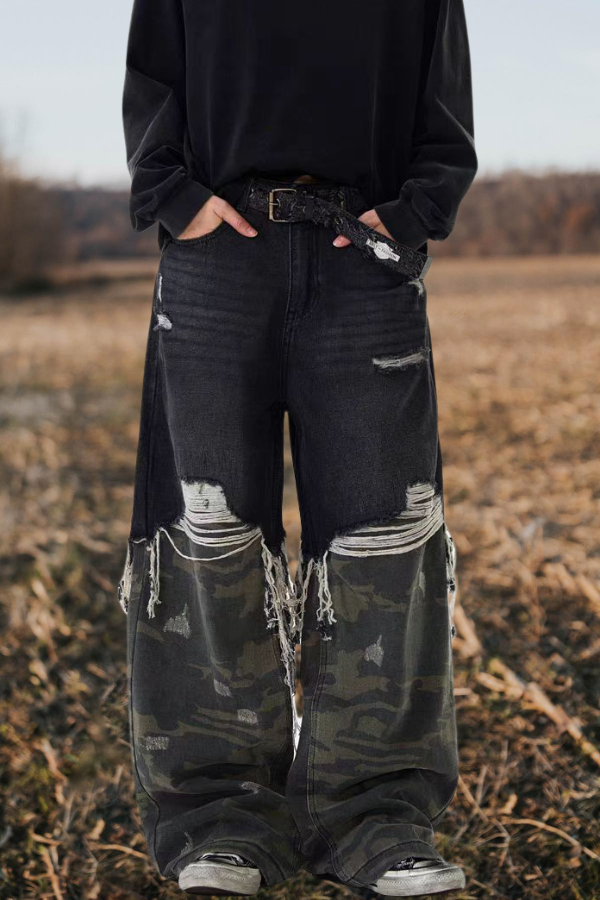 Patchwork Camouflage Washed Ripped Baggy Jeans