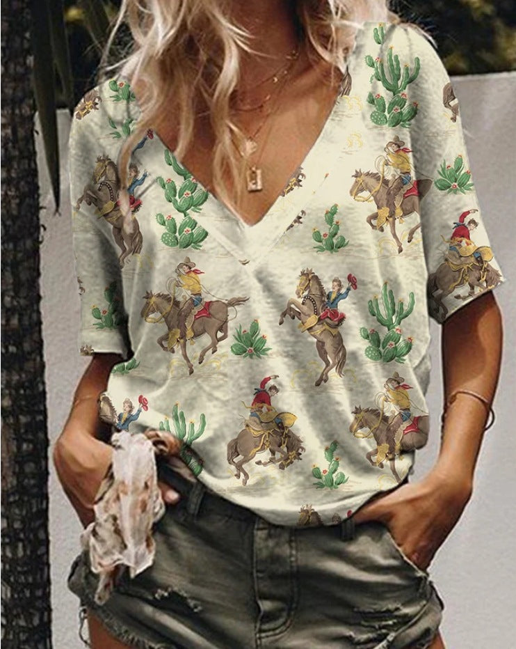 Western print short-sleeve V-neck T-shirt