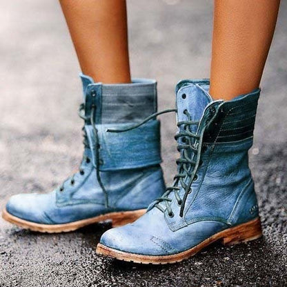 Vintage Washed Leather Lace Up Combat Boots