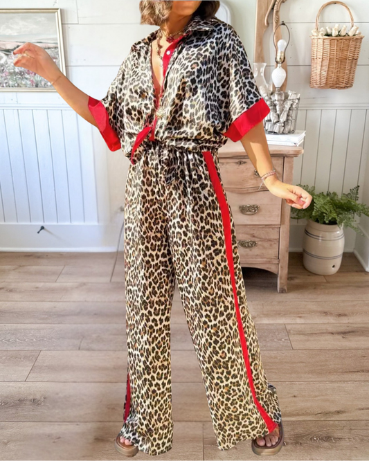 Leopard Floral Print Contrast Shirt Sets