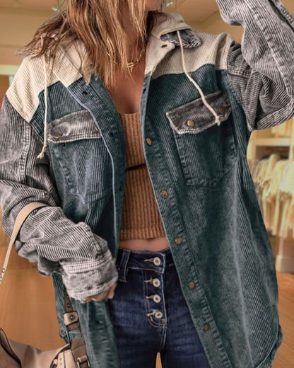 Corduroy  Hooded Color Block Shackets