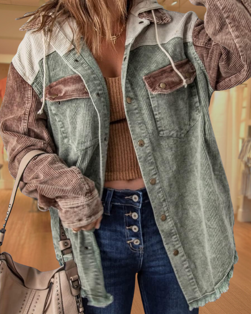 Corduroy  Hooded Color Block Shackets