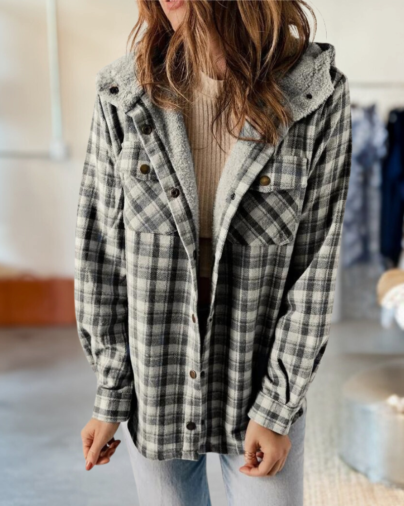 Plaid Print Button Front Hooded Jacket