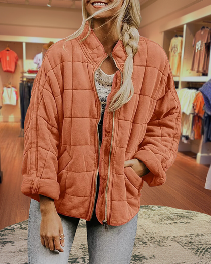 Quilted Knit Stand Collar Zip Up Coats