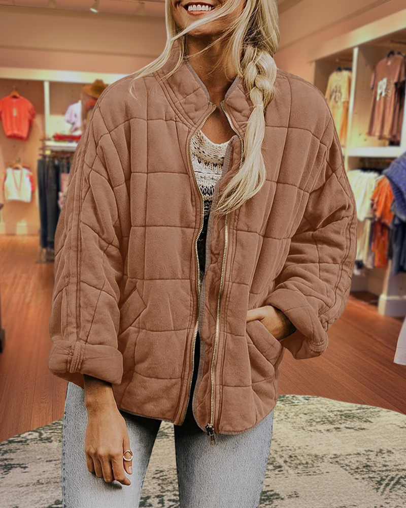 Quilted Knit Stand Collar Zip Up Coats