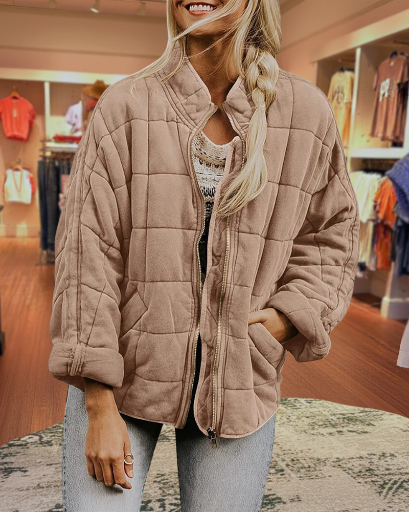 Quilted Knit Stand Collar Zip Up Coats