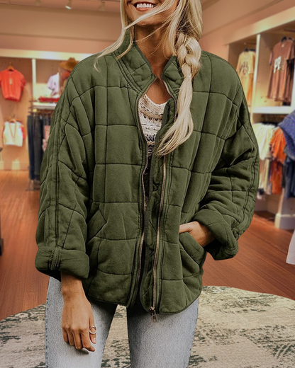 Quilted Knit Stand Collar Zip Up Coats