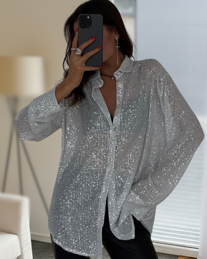 Sequin Button Up Solid Lace Mandarin Collar Shirt