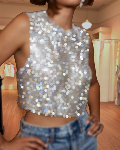 Rhinestone Mesh Sleeveless Crop Top