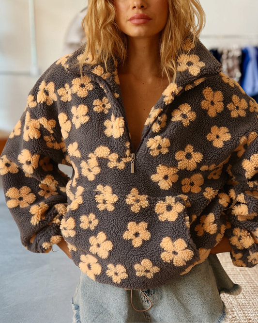 Lamb Wool Printed Loose Zipper Hoodie