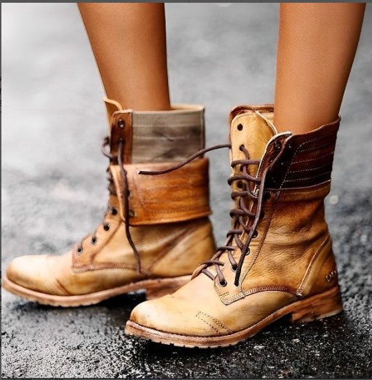 Vintage Washed Leather Lace Up Combat Boots