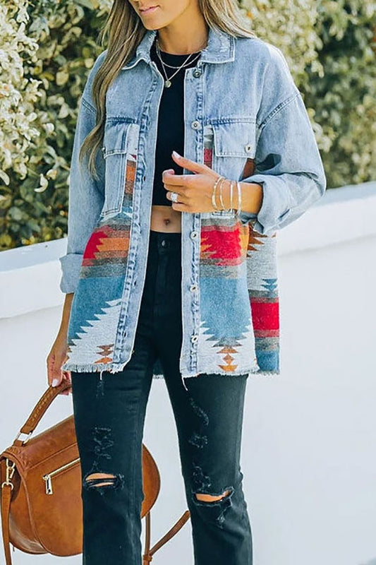 Aztec Loose Fit Button Down Denim Jackets