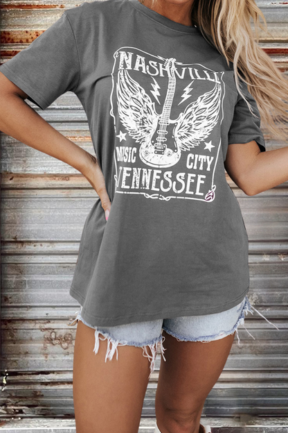 Guitar Print Pullover Round Neck T-Shirt