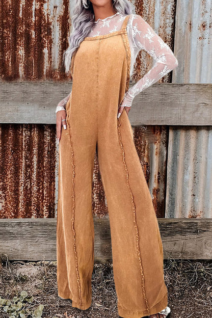 Washed Raw Edge Wide-Leg Suspender Jumpsuit