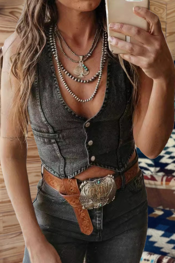 V Neck Button Denim Vest